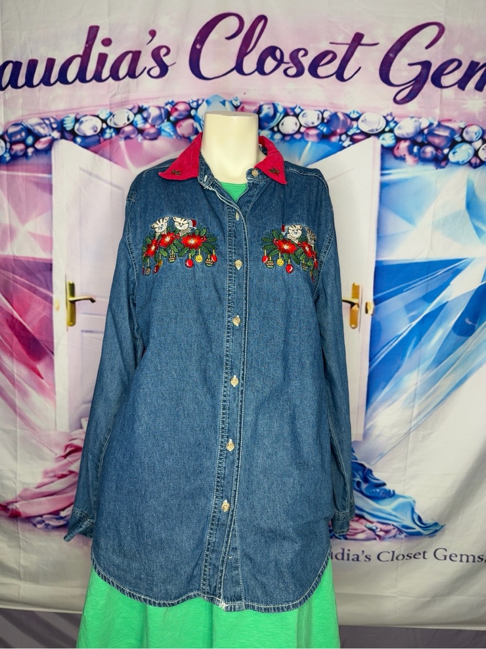 Bobbie Brooks Denim Button-Up Shirt with Red Collar and Floral Embroidery